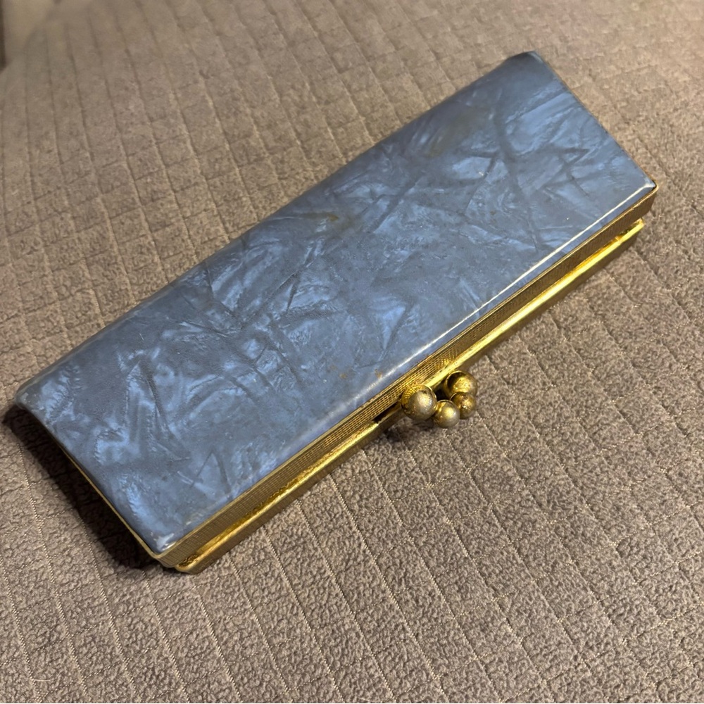 Vintage Blue and Gold Eyeglass Case. Or mini clutch. Can hold a drivers license